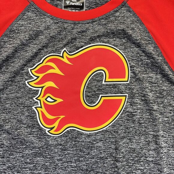 Fanatics Calgary Flames Mens XL Grey Red Athletic Wicking Stretch NHL TShirt - Picture 3 of 9